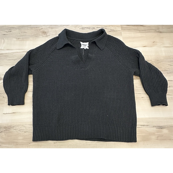 Aerie Women Med Sweater Knit Collared V Neck Oversized Charcoal Gray Ivy Prep - Picture 1 of 7